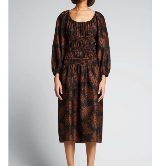 Rebecca Taylor Arden Fern Black & Rust Silk Midi Dress Size XL